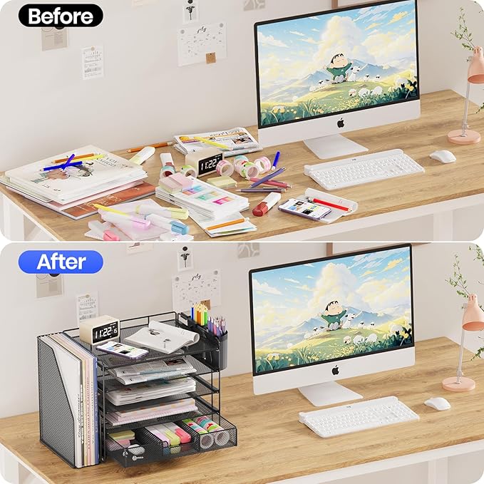 Desk Organizers and Accessories with File Holder, 5-Tier Office Desk Accessories & Workspace Desktop Organizer with Drawer and 2 Pen Holder, File Paper Organizer for Office Supplies(Black)