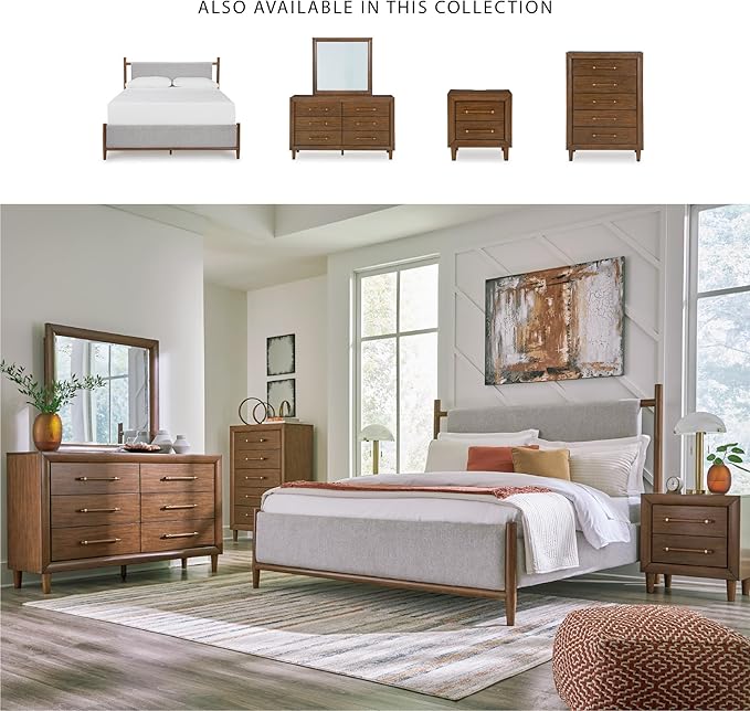Signature Design by Ashley Lyncott Mid-Century Modern 6-Drawer Dresser and Mirror with Safety Stop and Felt-Lined Top Drawer, Light Brown