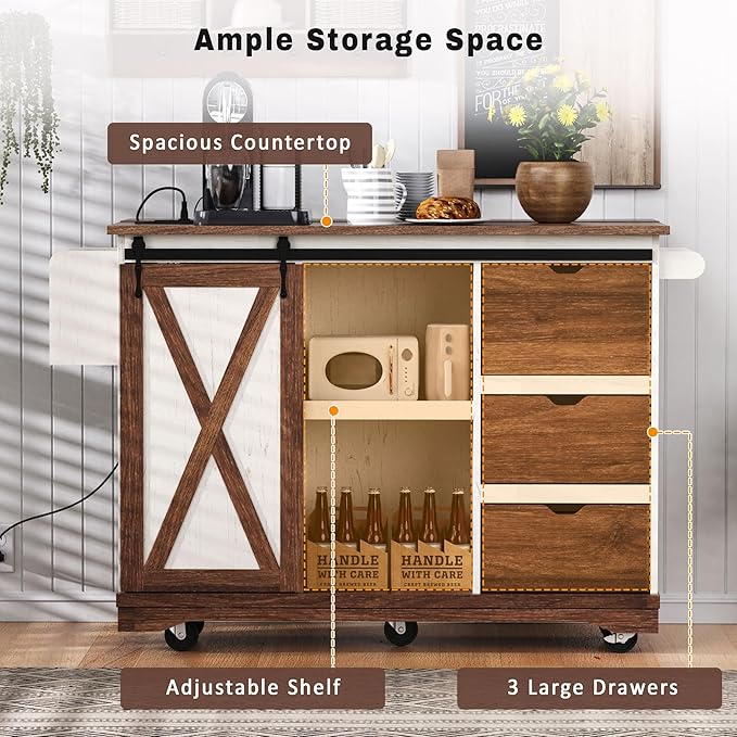 55.5" Farmhouse Kitchen Island Storage Cart with Drop Leaf, Sliding Barn Door, Power Outlet, Spice Rack & 3 Drawers, Rolling Kitchen Cart on Wheels for Kitchen, Dining Room (White)