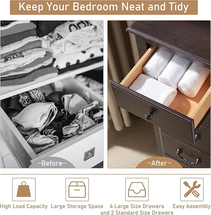 RedLemon 48" Tall Dresser for Bedroom, Modern 6 Drawers Dresser with Vintage Styles Pulls, Wood Rustic Closet Chest of Drawers for Living Room, Hallway, Espresso