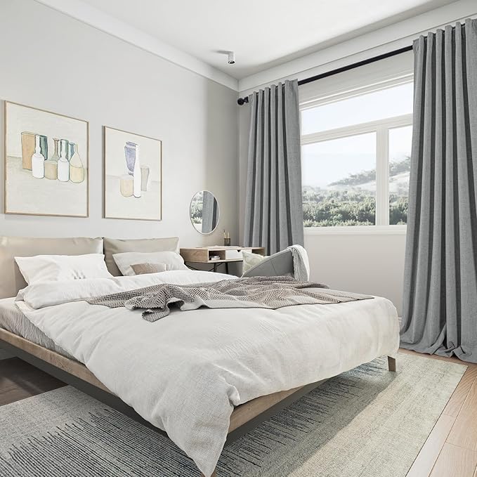 Full Blackout Grey Curtains 84 inches Long for Living Room, Black Out Linen Insulating Heat Light Blocking Curtains for Bedroom, 52x84 in Length, Grey