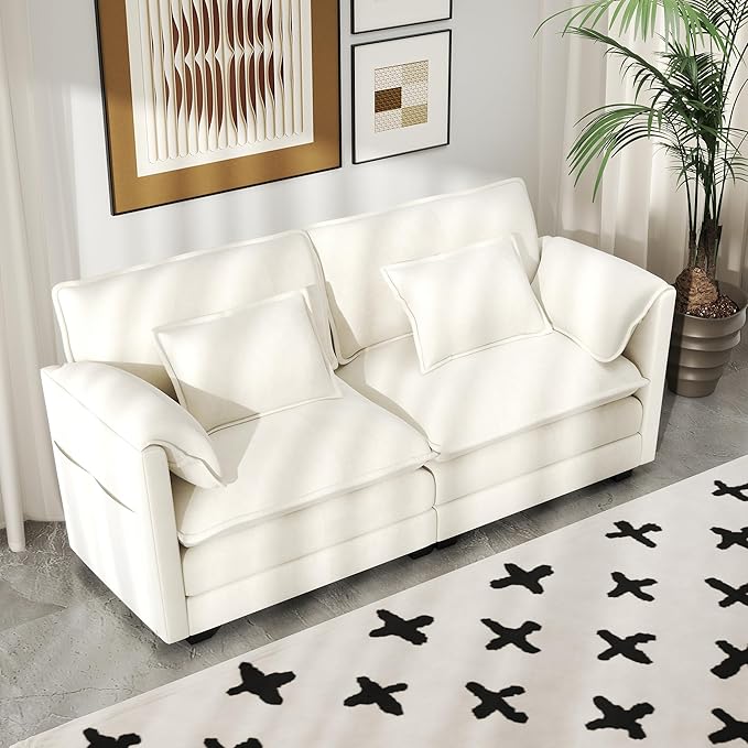 Real Relax 75.3'' Modular Sectional Sofa, Loveseat Chenille Convertible Couch with 4 Pillows and 2 Armrest Pillows for Living Room, Office and Leisure Places, Beige