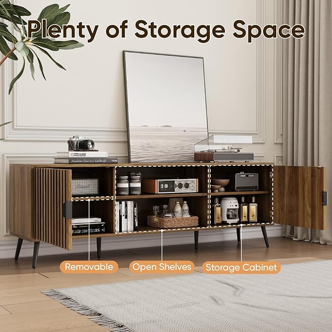 63" Walnut Fluted TV Stand with 2 Cabinets and Adjustable Shelf, Media Console Fits 30" to 70" TV for Living Room, Mid Century Modern Entertainment Center for Bedroom