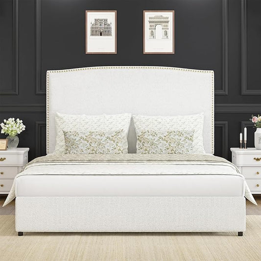 Full Bed Frame, Full Size Upholstered Platform Bed Frame with 56" Headboard, Soft Boucle Fabric, Mid-Century Modern Design, No Box Spring Required, Easy Assembly, White