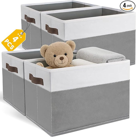 JTIEO 4 Pack Fabric Storage Baskets 15"x11" with Handles, Large Collapsible Bins for Shelves ,Decorative Closet Organizer Baskets for Clothes, Toys, Baby Nursery, Home Organization