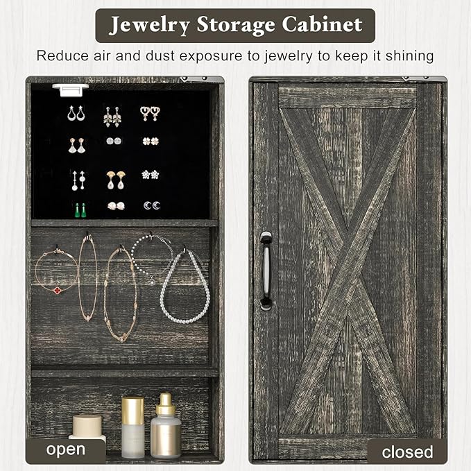 Farmhouse Makeup Vanity Desk with Sliding Mirror and Lights, 42" Glass Top Vanity Table with Charging Station & 4 Drawers & 2 Cabinets, Vanity Set for Bedroom, Dressing Table with Stool, Black