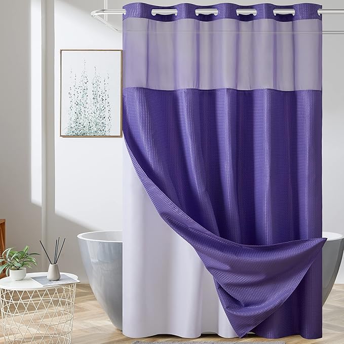 Furlinic Waffle Weave No Hook Shower Curtain with Snap in Liner,Honeycomb Textured Bathroom Curtains with See Through Top Window,Waterproof & Machine Washable,Hotel Quality,Purple,71x84 Inch