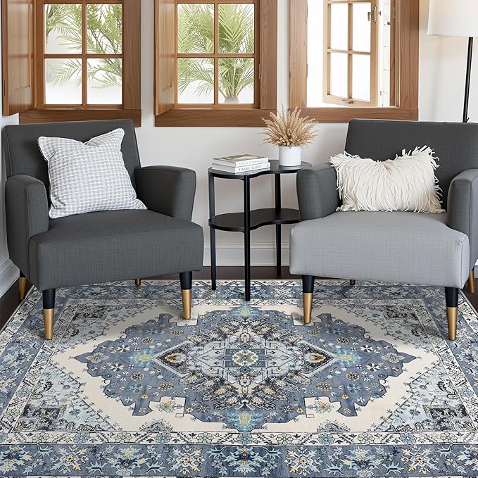 Vintage Area Rug 5x8 Rugs, Machine Washable Vintage Area Rug Non-Slip Low Pile Large Rug for Living Room, Bedroom, Farmhouse, Dining Room, Blue