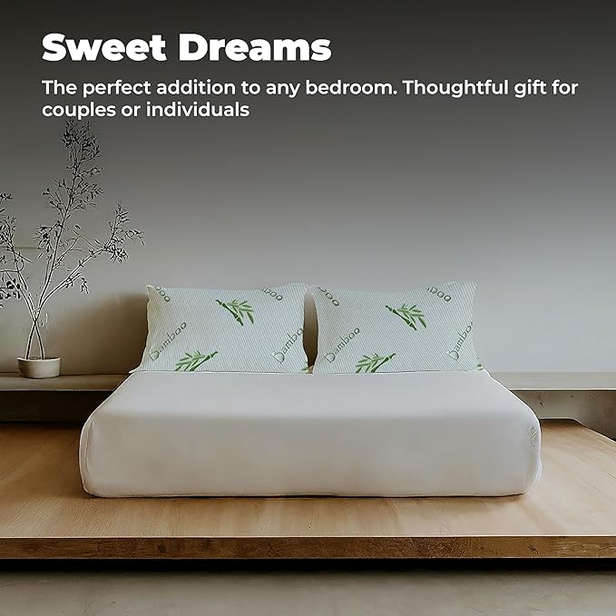 OMEO 2 Pack Standard Size Rayon Derived from Bamboo Pillow for Sleeping Shredded Memory Foam Bed Pillows for Side, Back and Stomach Sleepers, Soft, Cooling, Adjustable and Washable Cover 20" x 26"