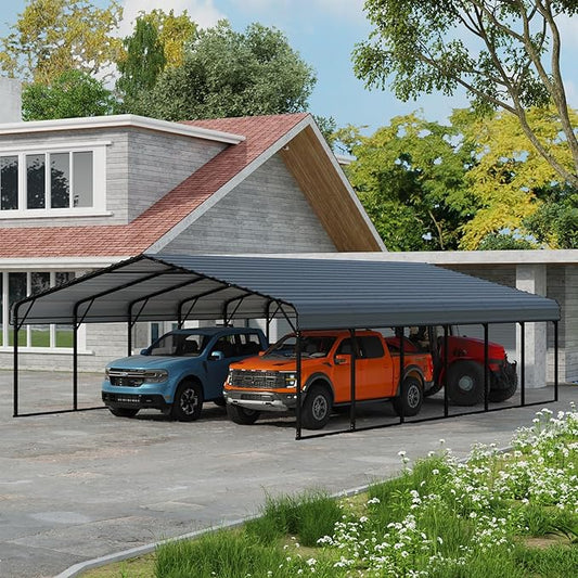 YOLENY Carport 20x20 FT, Heavy Duty Car Port, Car Shelter with Galvanized Metal Roof and Frame, Easy Assembly Carport with Enhanced Base, Expanding Garage Space for Pickup, 2 Cars, Boat and Tractors