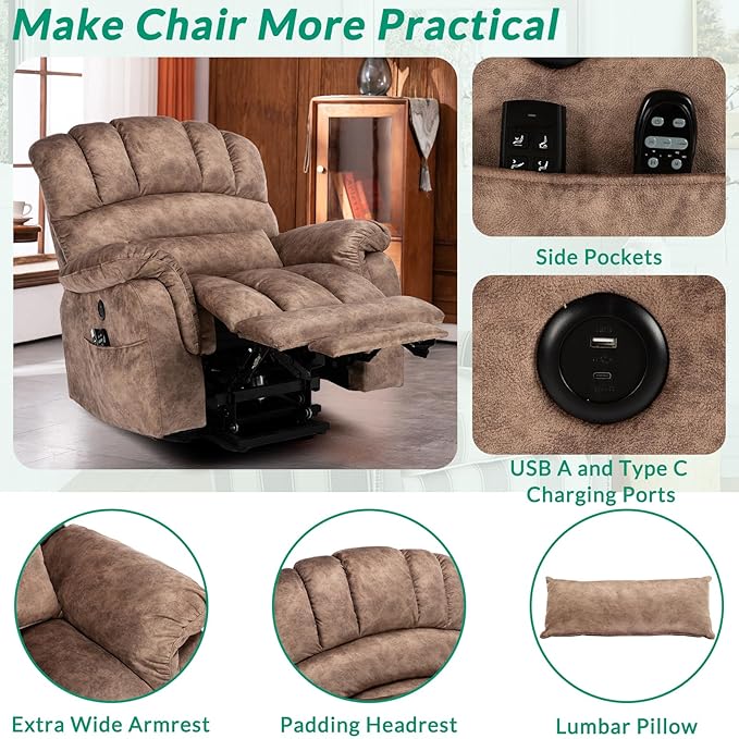 VIVIJASON Tall Man Large Dual Motor Power Lift Recliner Chair with Extended Footrest, Overstuffed Lay Flat Sleeper Electric Recliner W/Heat & Massage, Lumbar Pillow, USB & Type-C Ports, Plush Brown