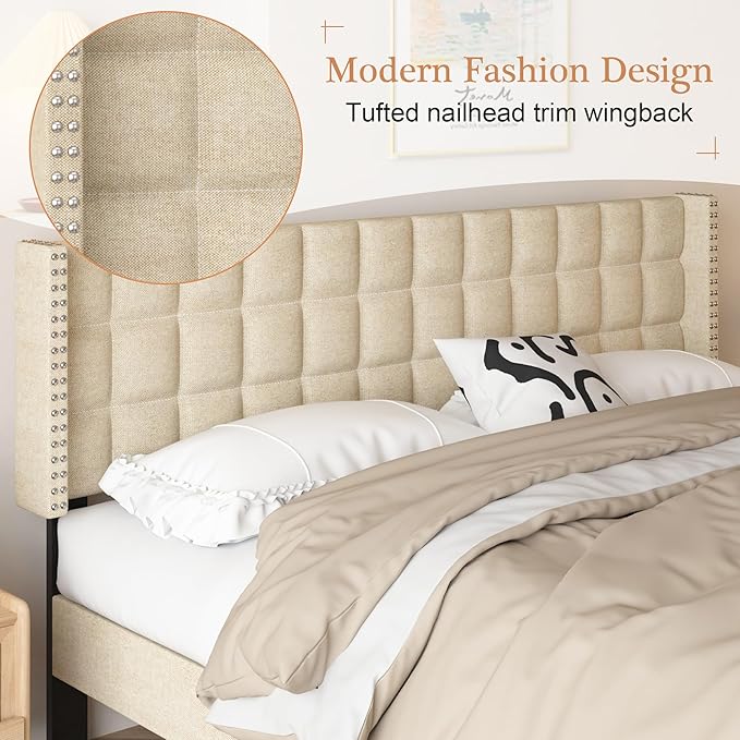 VECELO Headboard King Size, Linen Upholstered Headboards Only with Nailhead Trim Wingback, Square Stitched Design, Adjustable Height from 40" to 49.8", Oatmeal