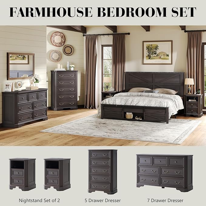 Farmhouse 48" Tall 5 Drawers Dresser for Bedroom, Wood Rustic Chest of Drawers with Corner Bevel Shape, Closet Storage Dressers Organizer for Bedroom, Living Room, Hallway, Dark Brown