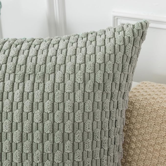 Kevin Textile Throw Pillow Covers Soft Corduroy Decorative Set of 2 Boho Striped Pillow Covers Pillowcases Farmhouse Home Decor for Couch Bed Sofa Living Room 22x22 Inch Greyish Green