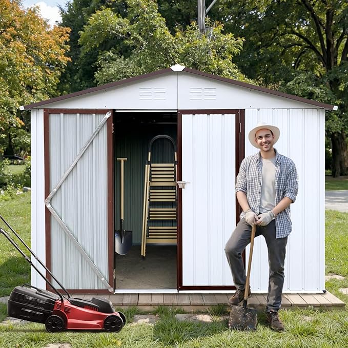 8 x 6 FT Outdoor Storage Shed, Metal Garden Tool Shed with Slooping Roof, Lockable Doors, All-Weather Bike Shed Easy to Assemble for Backyard, Patio, Lawn, White