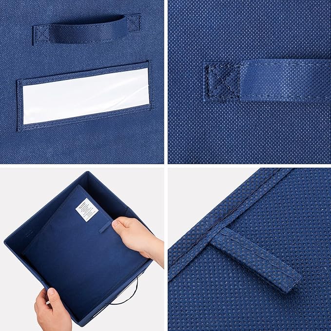 artsdi 13x13x13 storage cube bins (Set of 10) Fabric storage cubes with 10 Labels Window Cards & a Pen, storage cubes 13x13, Collapsible 13 inch cube storage bins, Cubby Organizer Boxes, Navy Blue