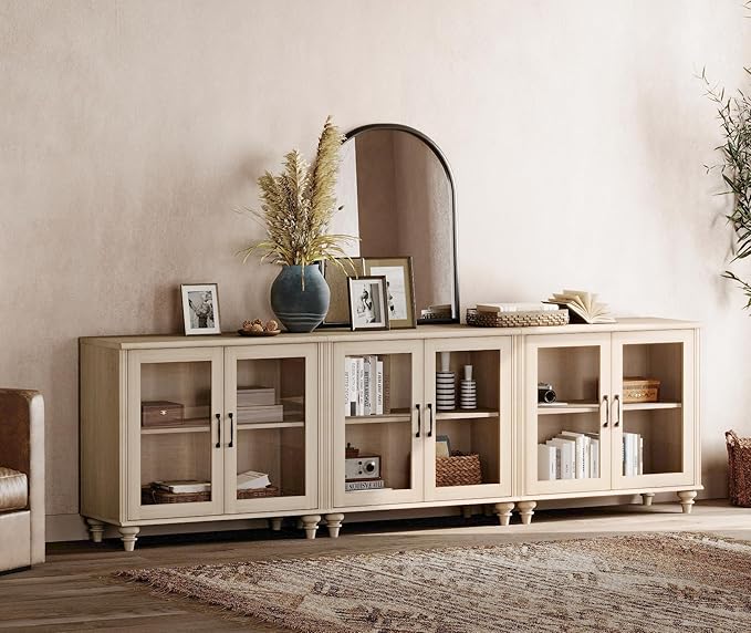 WAMPAT 100 Inch TV Stand with Glass Door, Wood TV Cabinet Entertainment Center for 75/80/85 Inch TV, 3-in-1 Kitchen Buffet Cabinet with 6 Storage Cabinets for Dining Room & Living Room, Light Oak