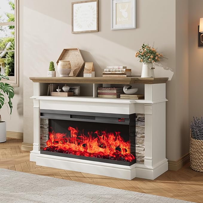 QUW Fireplace TV Stand for TVs up to 65", Farmhouse 52" Fireplace Entertainment Center with 36" 3-Side Glass Electric Fireplace, TV Console with Open Storage Shelves for Living Room, Antique White