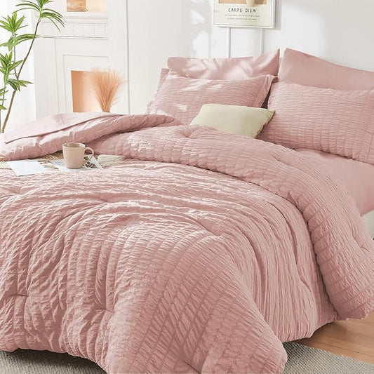 HYMOKEGE Rose Gold King Size Comforter Set Seersucker 7 Pieces, All Season Luxury Bed in a Bag for Bedroom, Bedding Set with Comforters, Sheets, Pillowcases & Shams