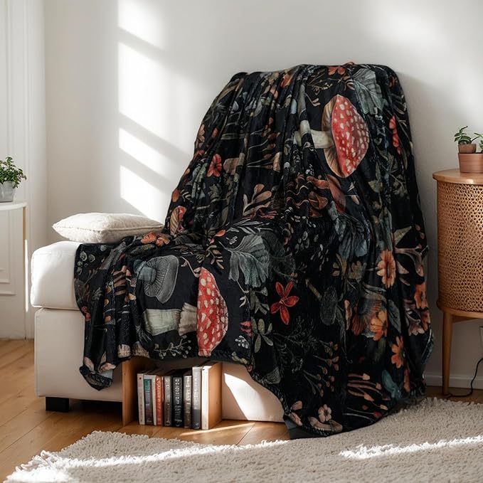 SURYULL Mushroom Throw Blanket –Cute Fluffy Cozy Fleece Blanket for Couch or Bed, Super Soft Large Blanket Birthday Gift for Women, Kids,Black 60x80 inches