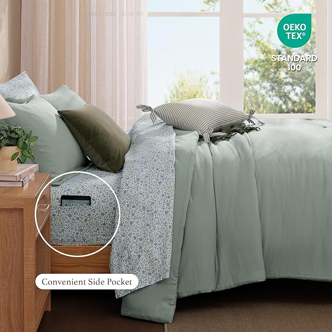 Monbix King Size Comforter Set - 7 Pieces Sage Green Prewashed Bed in a Bag King Bedding Sets with Comforters, All Seasons Down Alternative Comforter Bed Set with Sheets,Pillowcases & Shams