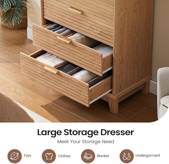 AOGLLATI Black Dresser for Bedroom with Slanted Louvre Design,Retro Chest of Drawers with Charging Station, Wooden Tall 5 Drawer Dresser for Bedroom,Living Room, Hallway, Wood