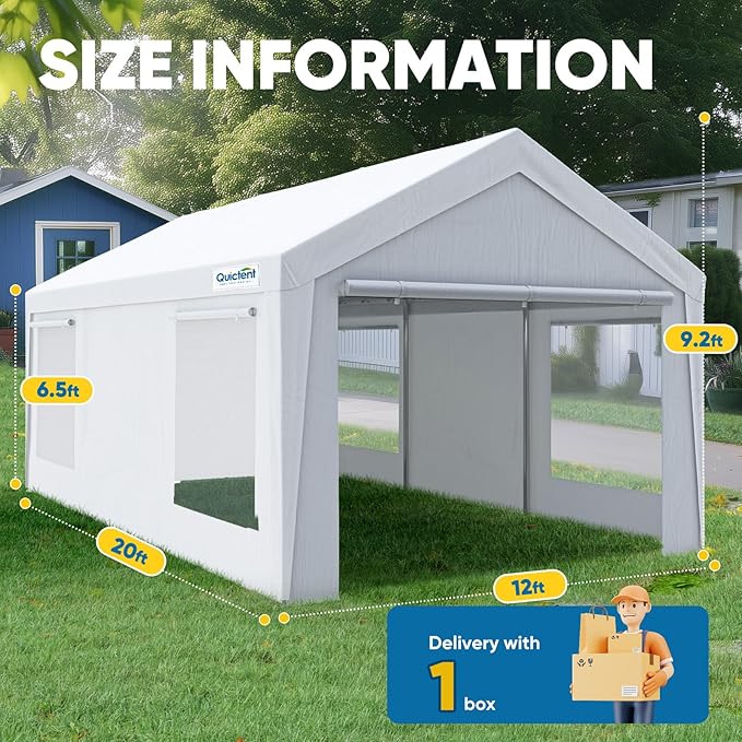 Quictent 12x20 ft Heavy Duty Carport Canopy Galvanized Car Tent Outdoor Garage Boat Shelter with Reinforced Structure with Roll-up Ventilated Windows Sidewall - White