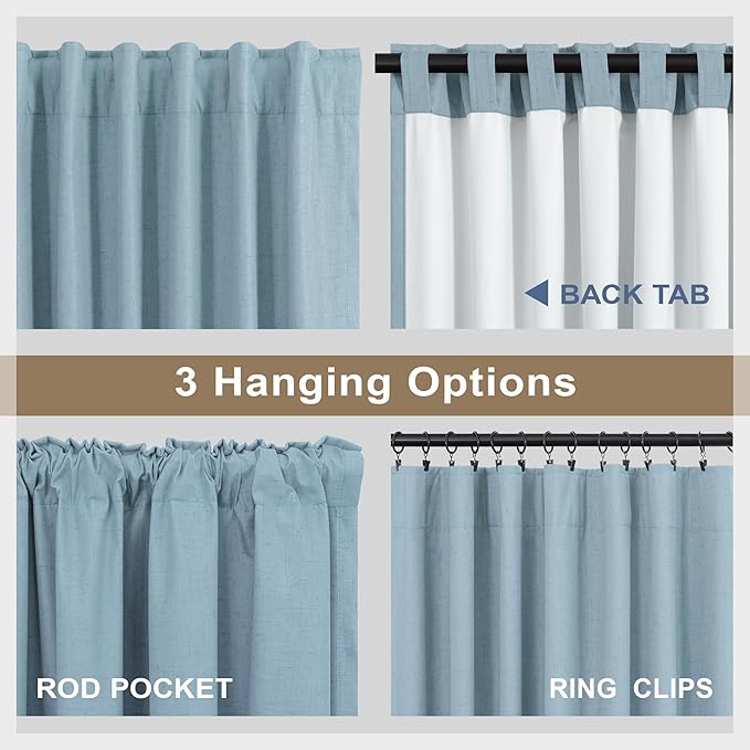 100% Blackout Curtains 90 Inches Long for Living Room 2 Panels Set Light Blocking Heat Darkening Energy Saving Curtain Window Coverings Coastal Beach Linen Farmhouse Drapes Bedroom Stone Blue Chambray