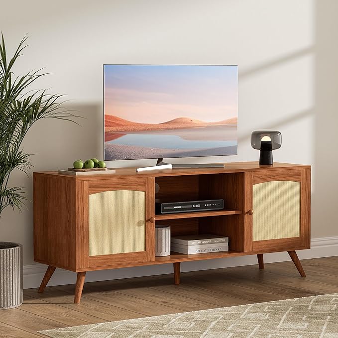Brown Rattan TV Stand for 60 Inch TV, Wooden Mid Century Modern Entertainment Center with Natural Rattan Door, Boho Media TV Console for Living Room