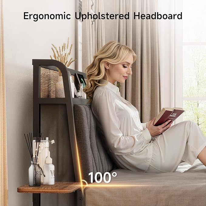 Queen Bed Frame with Side Storage Shelf, Ergonomic Upholstered Headboard with Charging Station, Queen Size Platform Bed Frame, Metal Slats Support, No Box Spring Needed, Easy Assembly, Black