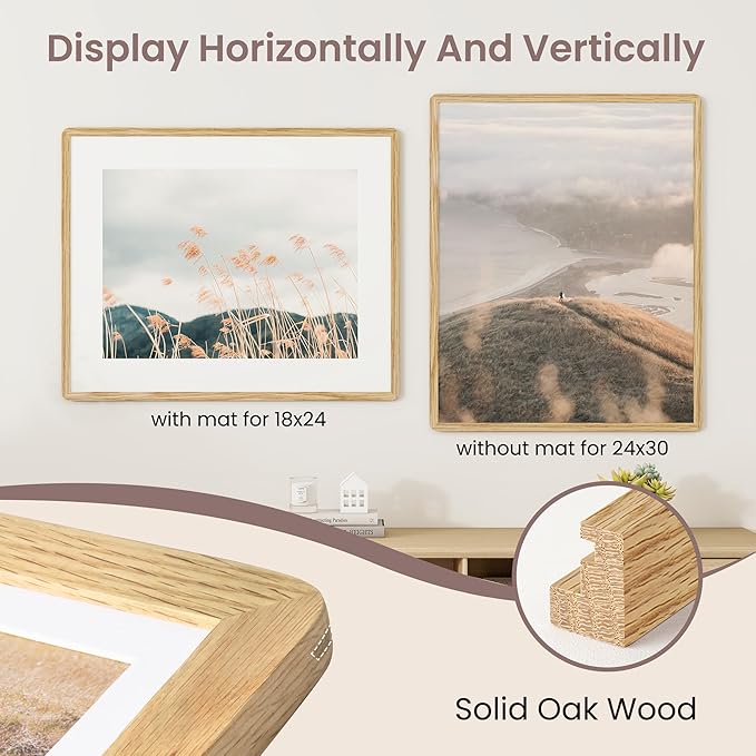 24x30 Frame - Solid Oak Wood 24x30 Poster Frame, 24''x30'' Puzzle Frame With Mat For 18x24, Tempered Glass and Hanging Hardware Included, Minimalist 24 x 30 Frame Wood, Natural Oak