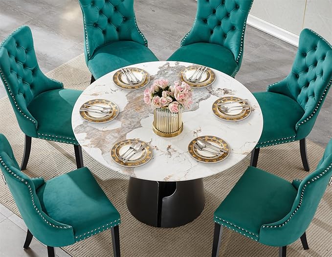 7-Piece Faux Marble Round Dining Table Set for 6, Modern Luxury Kitchen Table Set for 6 with Green Tufted Chairs,Circle Dining Tables with Pandora Grain Top and Black Pedestal Base