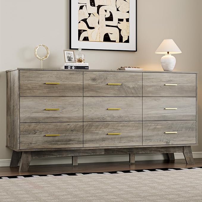 Dresser for Bedroom with 9-Drawer, 59" Wide Modern Chest of Drawers with Metal Handles, X-Shape Base & Adjustable Center Leg, Anti-Tip Closet Organizers and Storage