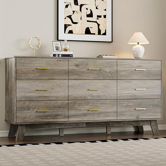Dresser for Bedroom with 9-Drawer, 59" Wide Modern Chest of Drawers with Metal Handles, X-Shape Base & Adjustable Center Leg, Anti-Tip Closet Organizers and Storage