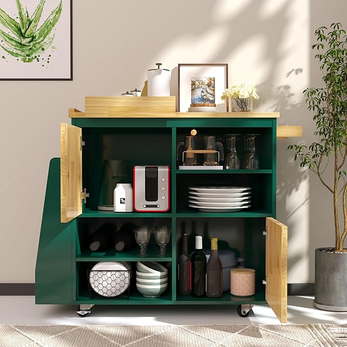 NSdirect Kitchen Island Cart,Kitchen Bar&Serving Cart Rolling on Wheels with Spice Rack Towel Holder Utility Storage Trolley with Storage Drawers,Green