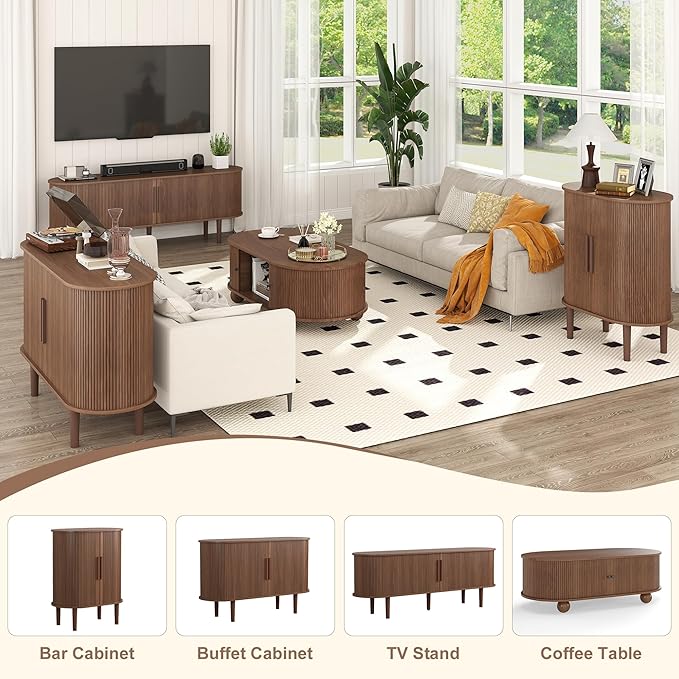 Oval Coffee Table with Storage, 47.3" Mid Century Modern Coffee Tables with Sliding Tambour Doors, Wood Fluted Accent Center Table for Living Room, Dining Room, Home Office, Walnut