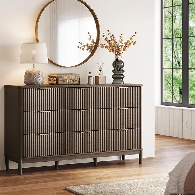 LINSY 9 Drawer Double Dresser for Bedroom, Modern Fluted Wood Chest of Drawers with Gold Metal Handles, Wide Storage Dresser TV Stand for Bedroom, Living Room, Entryway, Walnut