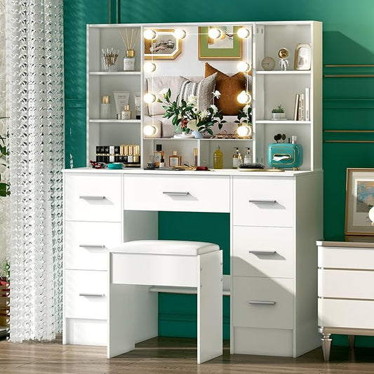White Vanity Desk with Mirror and Lights, 3 Color and Brightness Adjustable Makeup Flip Mirror with Lights, Bedroom Dressing Table Vanity Stool Set and 7 Storage Drawers & 9 Shelves