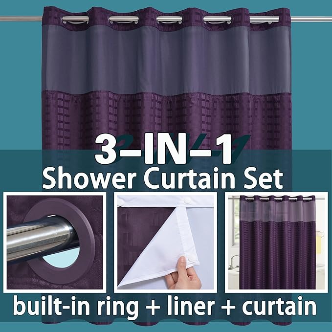 Conbo Mio Extra Wide No Hook Shower Curtain with Snap in Liner Set, 108" x 74" Hotel Luxury Purple Shower Curtains for Bathroom with See Through Top Window, Waterproof, Washable 108W x 74H