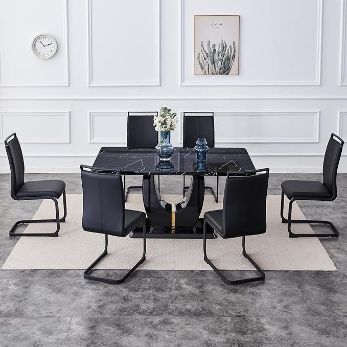 Dining Table Set for 6, Kitchen Table Chairs Set of 6, Modern Dining Room Set with 63 inch Marble Dinner Table PU Leather Upholstered Chairs for Dining Room Kitchen