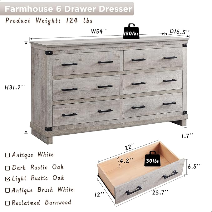 Farmhouse 6 Drawers Dresser for Bedroom, Large Chest of Drawers with Thick Plank Styling, Wood Rustic Closet Dresser for Bedroom, Living Room, Light Rustic Oak Color