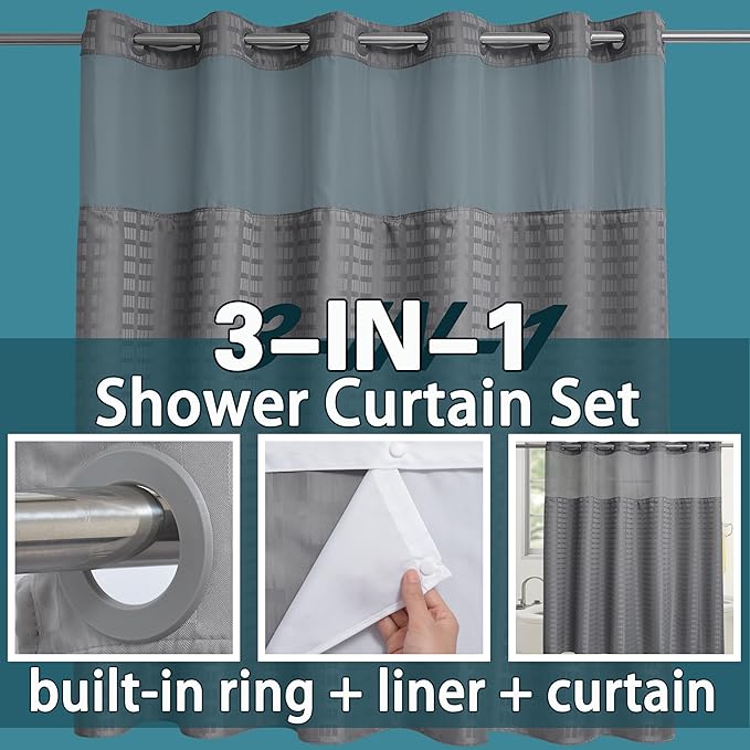 Conbo Mio Extra Wide No Hook Shower Curtain with Snap in Liner Set, 108" x 74" Hotel Luxury Grey Shower Curtains for Bathroom with See Through Top Window, Waterproof, Washable 108W x 74H