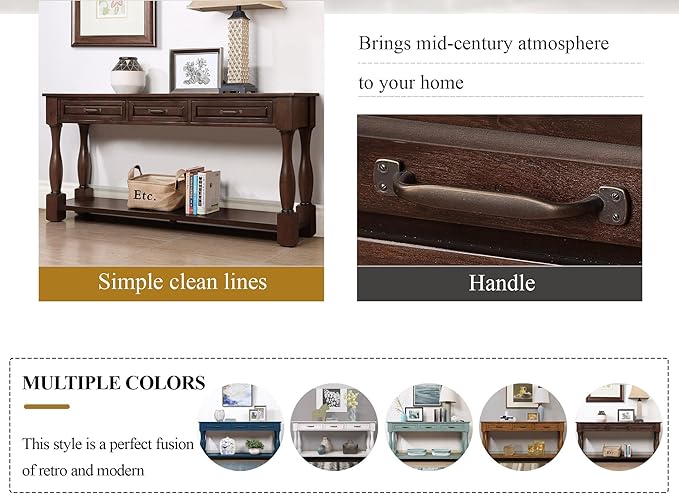 63inch Solid Wood Console Table with 3 Drawers and 1 Bottom Shelf Extra-Thick Sofa Table(Light Espresso)