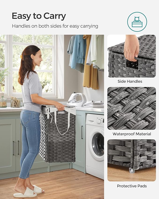 SONGMICS 130L Clothes Hamper with Lid, 2 Removable Liner Bags, 6 Mesh Bags, Wicker, Double Laundry Basket for Bathroom, 13 x 26 x 23.6 Inches, Gray ULCB253G01