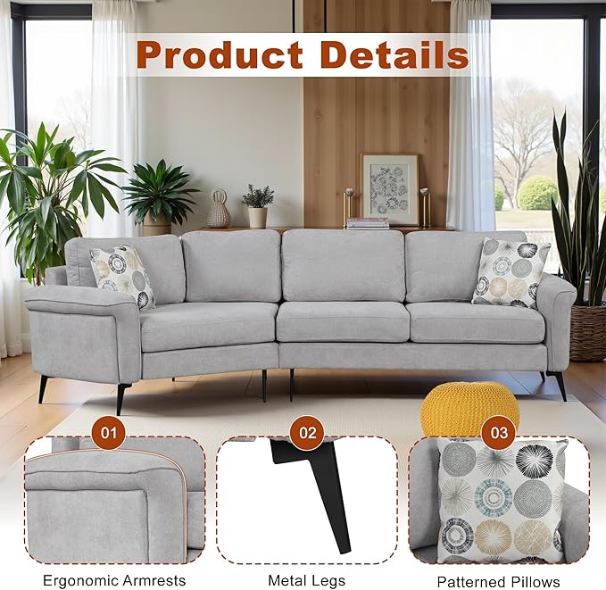 111" Sectional Couch, Upholstered Curved Sofa Couch with Two Printed Pillows, Sectional Couches for Living Room and Office, Cool Grey