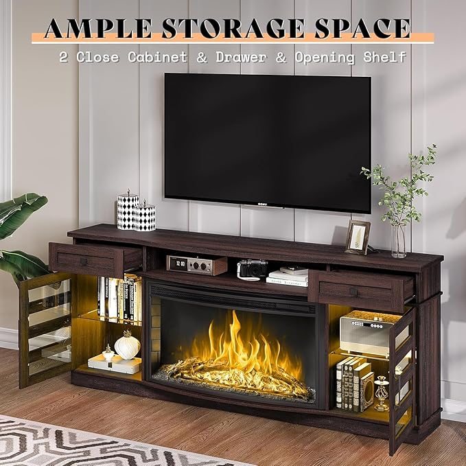 AMERLIFE 70" Farmhouse Fireplace TV Stand with 36'' Curved Electric Fireplace, LED Media Console with 2 Drawers & Adjustable Shelves, Fits 80'' TVs, Espresso