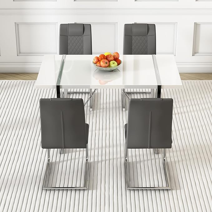 Dining Table Chairs Set for 4, Modern Rectangular Dining Room Table Set PU Leather Upholstered Dining Chairs 55" Dinner Table Set for Kitchen, Dining Room (Dining Table Set for 4, Grey)