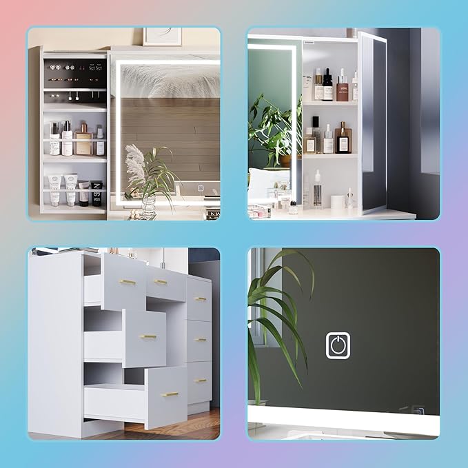 Vanity Set with Lighted Mirror, Makeup Vanity Table with 7 Drawers & Cushioned Stool, Dressing Table with Sliding Cabinet, Vanity Desk with Hidden Storage Shelves & Jewelry Rack, for Bedroom