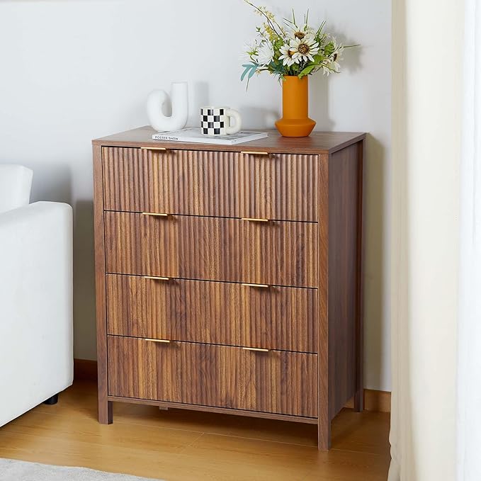 Fluted 4 Drawer Tall Dresser for Bedroom, Mid Century Modern Nightstand with Drawers, Tall Bedside Table for Closet Cloth, Living Room End Table with Storage for Dorm -Walnut
