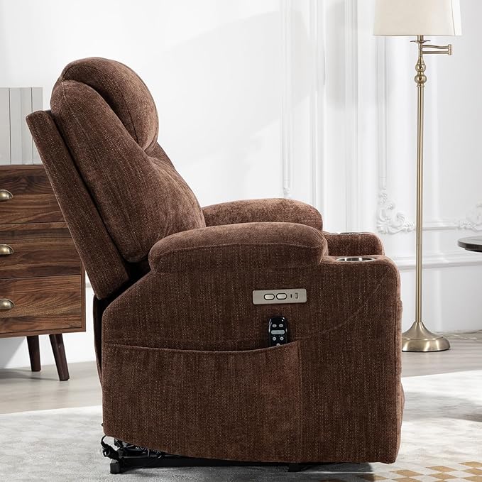 Power Lift Chair with Massage & Heat, Electric Recliner Chairs for Adults, Remote Control, Sofa for Living Room, Standing Assistance, USB Ports, Stainless Steel Cup Holders (Chenille Brown)